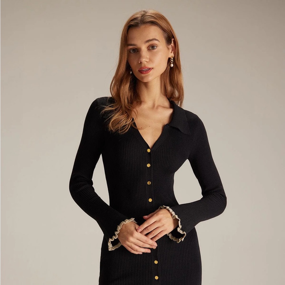 RIHOAS The Black V Neck Contrast Trim Knit Mini Dress - Picture 5 of 8
